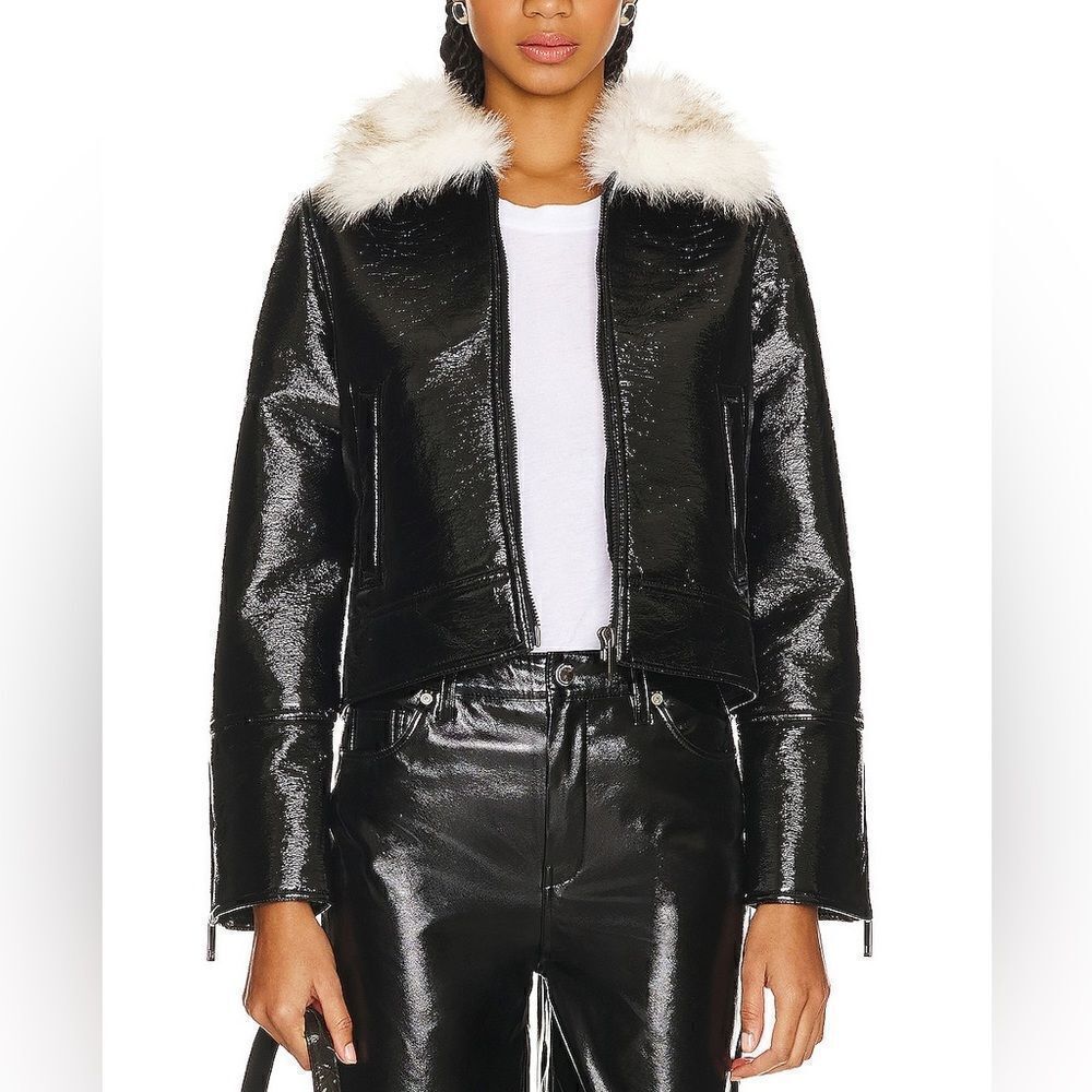 Unreal Fur Women’s Black Wet Look Aviator Jacket Faux Leather Faux Fur Size XS
